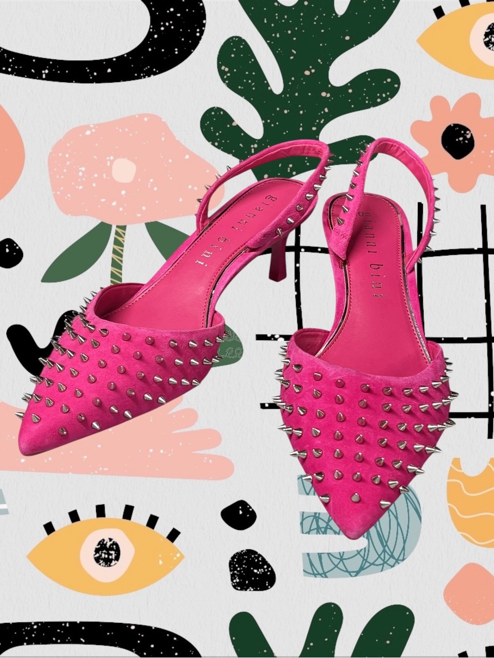 Gianni Bini | Azurie Pink Leather Spike Studded Slingback Kitten Heels